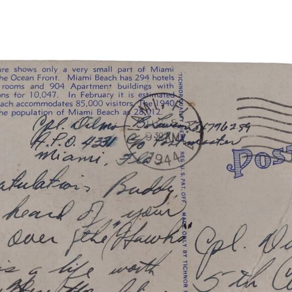 Vintage 1940s MIAMI BEACH Ocean Drive Linen Postcard, WWII Era Military 1944 FL - Picture 4 of 4